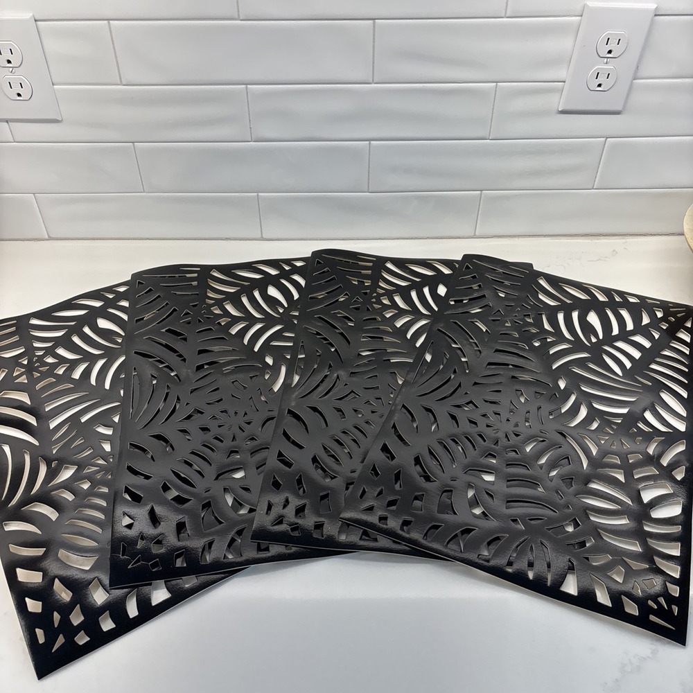 Black Vinyl Halloween Placemats Spider Web Themed 12x18 Inches Set Of‎ 4